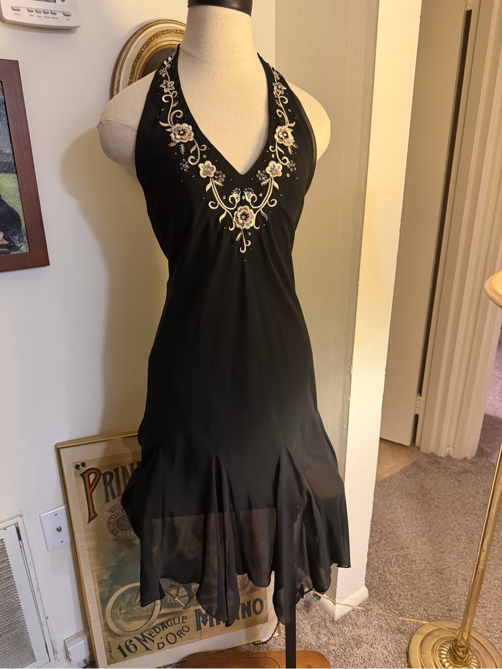 S.L. Fashions Vintage Y2K Black Halter Midi Dress with Floral Embroidery